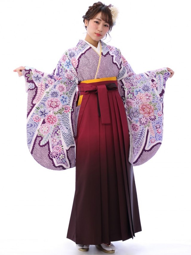 疋田絞り調古典柄の卒業式袴フルセット(紫系)|卒業袴(普通サイズ)