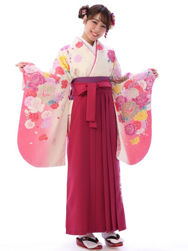 レンタル袴|卒業式|薔薇と八重桜柄の卒業式袴フルセット(ピンク系)|卒業袴(普通サイズ)