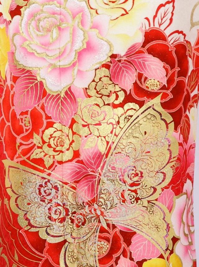 薔薇と蝶　金彩柄の振袖フルセット(白　ピンク系)|小さいサイズ(スモール)